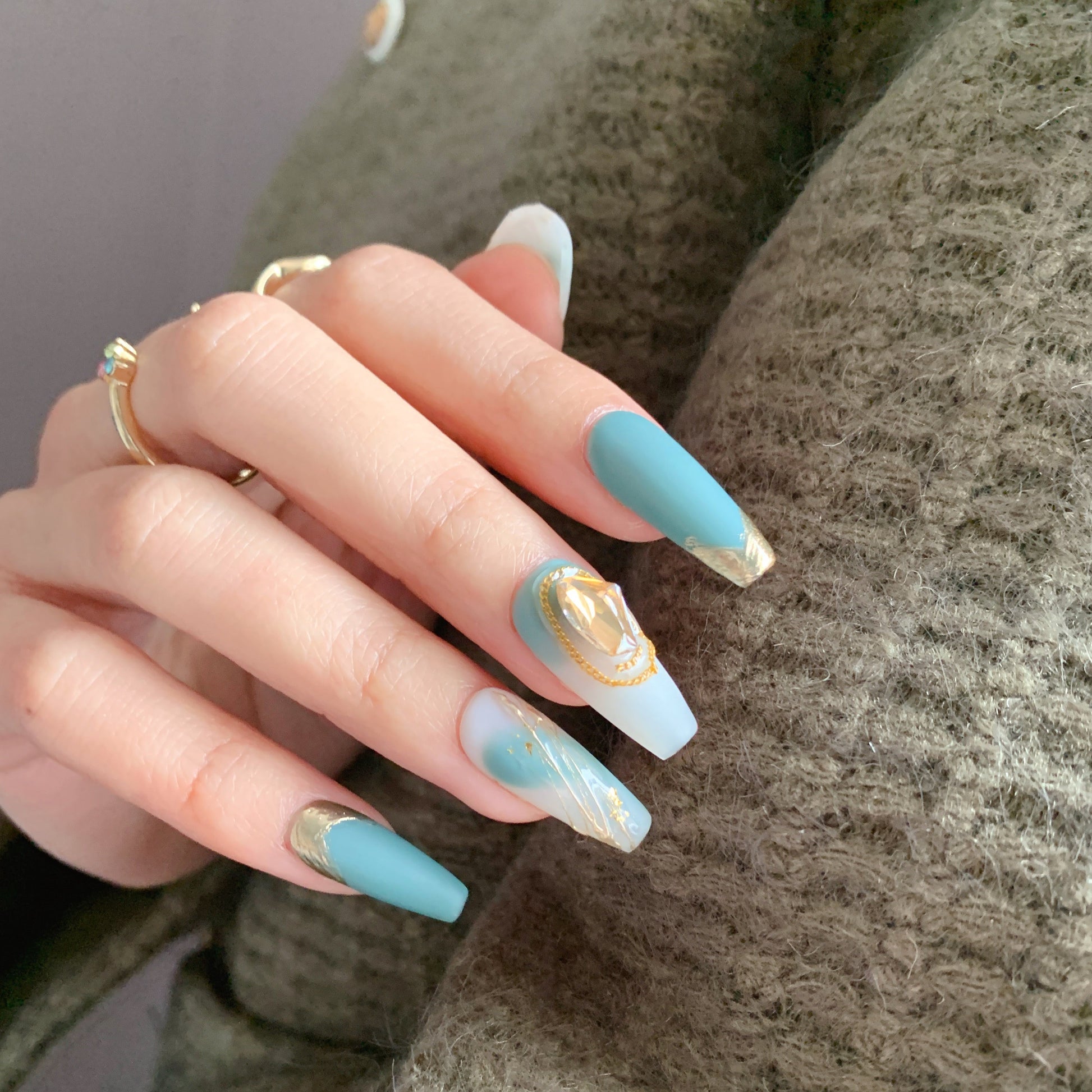 light blue and gold nail designs